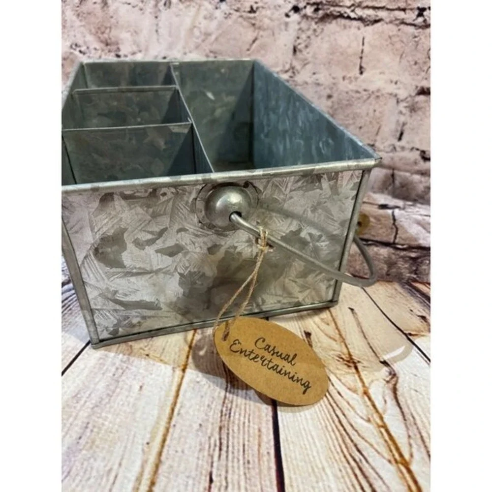 Galvanized Metal Caddy Organizer Wood Handle 3 Compartment‎ Rustic Farmhouse